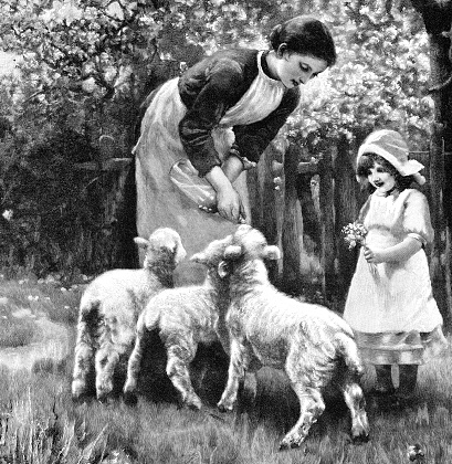 Mother with daughter feeding little sheep on farm 1897
Original edition from my own archives
Source : Zur guten Stunde 1897
Painting : A. Waterlow 