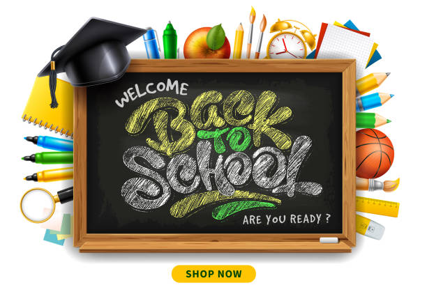 back to school horizontales verkaufsbanner mit schulpapier und tafel - back to school equipment capital letter clock stock-grafiken, -clipart, -cartoons und -symbole