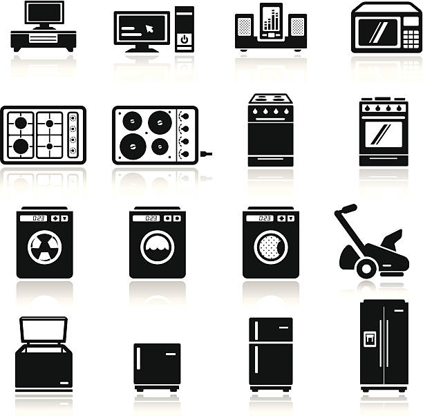 illustrazioni stock, clip art, cartoni animati e icone di tendenza di set di icone di casa dispositivi - asciugatrice