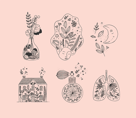Set of floral art icons in hand made line style vase of flowers, woman face, moon, house, perfume bottle, human lungs drawing on light brown background