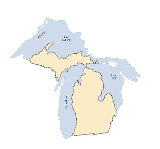 Michigan- vector Vector illustration of the State of Michigan with surrounding lakes (Huron, Superior, Michigan).  Comes with both .EPS  and .AI vector files. great lakes stock illustrations