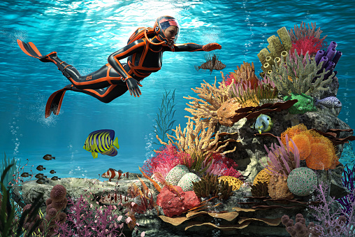 Underwater view of one female scuba diver viewing large multi colored coral reef and  of the great barrier reef, Australia, 3d render.