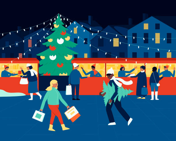 abendlicher winterweihnachtsmarkt - weihnachtsmarkt stock-grafiken, -clipart, -cartoons und -symbole