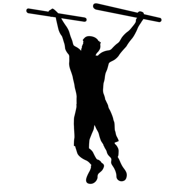 силуэт подтягивающихся шагов тренировки на белом фоне - sport exercising silhouette chin ups stock illustrations