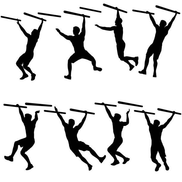 силуэт подтягивающихся шагов тренировки на белом фоне - sport exercising silhouette chin ups stock illustrations