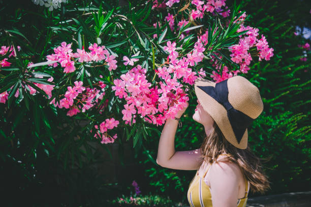 Beautiful woman in hat looking at purple flowers and smiling Beautiful woman in hat looking at purple flowers and smiling central asian ethnicity stock pictures, royalty-free photos & images