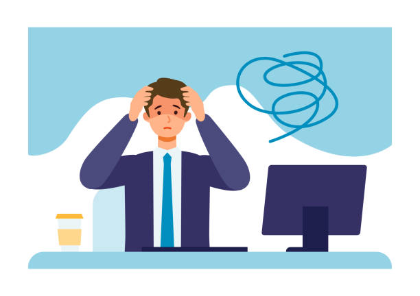 Businessman suffering from his depression. Businessman suffering from his depression. Clinical Depression concept. Vector illustration of people became depressed from overwork. stuck in room stock illustrations