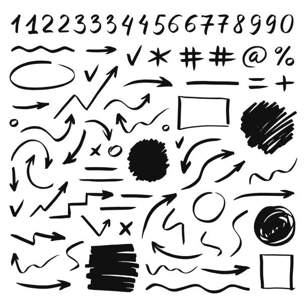Set of handwritten numbers, signs, arrows and stains. Vector isolated elements. Black elements on white background Set of handwritten numbers, signs, arrows and stains. Vector isolated elements. Black elements on white background fixture draw stock illustrations