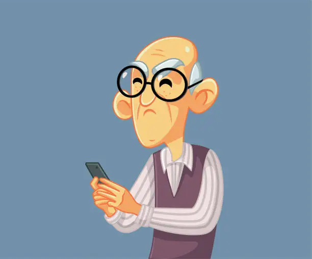 Vector illustration of Upset Senior Man Holding a Smartphone Vector Cartoon