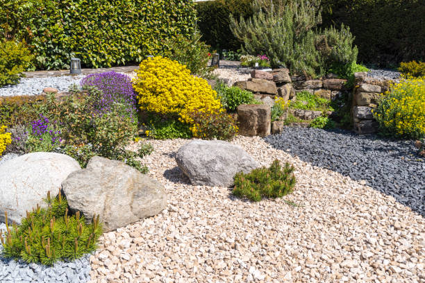 beautifully landscaped ornamental garden with ornamental gravel and flowers - stone walkway imagens e fotografias de stock