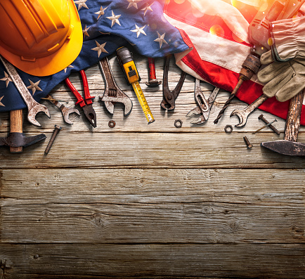 Labor Day - National Holiday - Mechanic Tools And Usa Flag On Woden Background