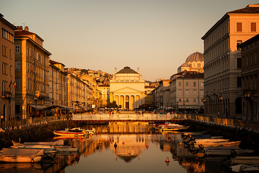 Trieste, Italy. The canal grande was build between 1754 and 1766 by Matteo Pirona, the Canal Grande was a key element of the new urban plan that led to the construction of Borgo Teresiano.