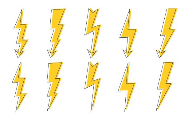 istock Set of lightning cartoon bolts in outline and fill selections. High voltage icon 1335663633