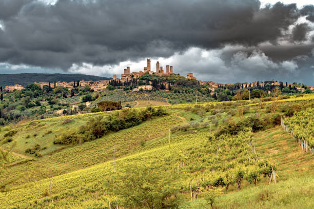 paesaggio tempestoso a san gimignano - storm wheat storm cloud rain foto e immagini stock