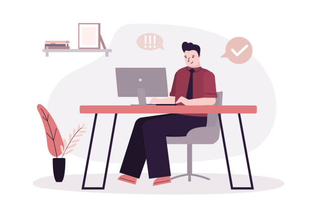 istock Businessman or freelancer working at computer. Male character sits at desktop and works 1335665520