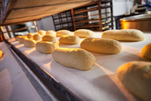 istock Raw dough bread on a oven-tray before baking in an oven at the manufacturing 1335668170