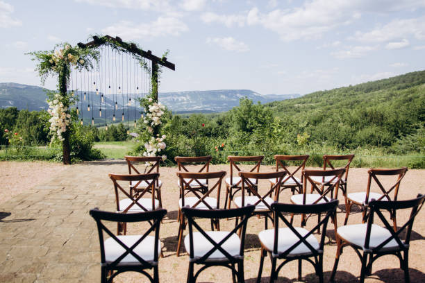 istock Wedding arch on boho style with white flowers in park with light bulbs. 1335669155