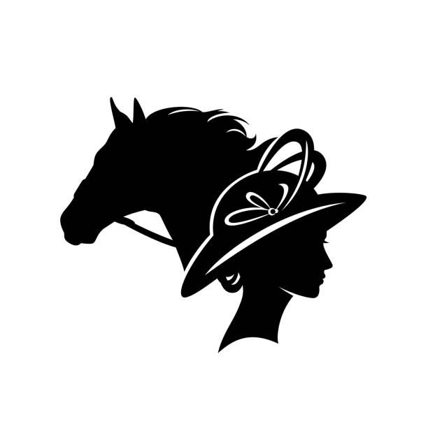 vector portrait of elegant woman wearing retro style hat with feathers and horse head elegant woman  wearing retro style ascot hat with long feather decor and race horse head silhouette - glamour and beauty concept vector portrait haute couture stock illustrations