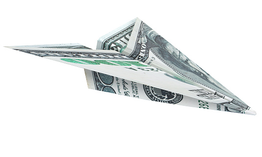 3d illustration paper airplane one hundred dollars origami