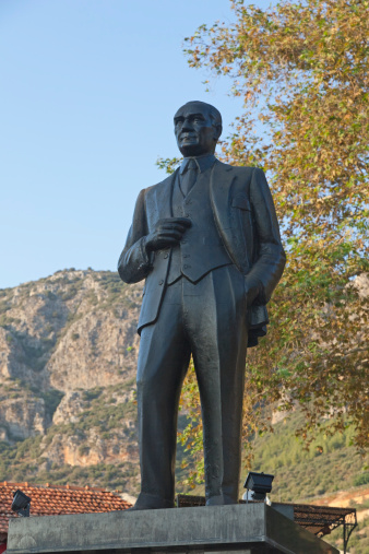 Statue of Mustafa Kemal Ataturk - Founder and first president of the Turkish Republic - Public Town Square named Cumhuriyet Meydani in Kas, Antalya Province, Turkey, Asia