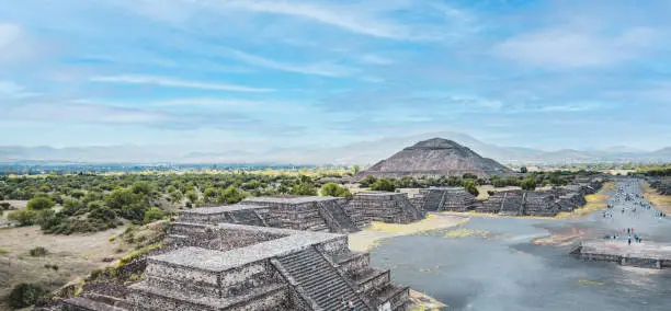 Aerial view showing of the Avenue of the Dead and the Pyramid of the Sun. The Maya and Aztec city of Teotihuacan archaeological site is located northeast of Mexico City.