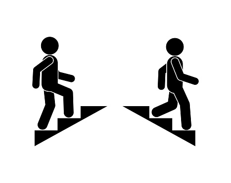 man walking stairs, up and down movement icon, stickman on the steeds, isolated vector illustration stick figure people