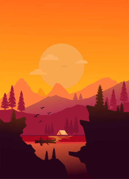 stockillustraties, clipart, cartoons en iconen met sunset and camping illustration - kano op rivier