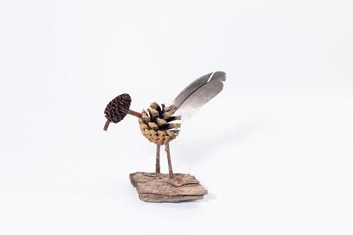 funny bird made of natural materials from forest, autumn craft, pine cones