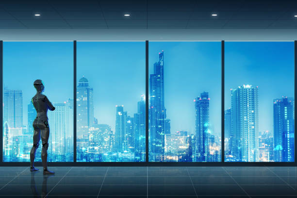 istock Humanoid robot looking at future digital city skyscraper building, future technology innovation, stock exchange, crypto, financial business investment concept 1335683002