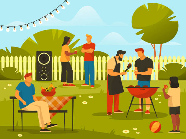 Barbecue or bbq party in backyard, background Barbecue or bbq party in backyard, background or banner. Family or friends enjoy resting or have picnic on yard. Outdoor leisure activity, weekend pastime. Summer recreation landscape. backyard background stock illustrations