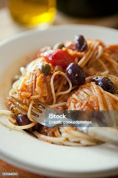 Puttanesca Pasta Stock Photo - Download Image Now - Olive - Fruit, Spaghetti, Anchovy