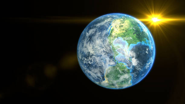 istock Sunrise and shadow on the earth in space with star in universe. World realistic atmosphere 3D volumetric clouds texture surface.  Elements of this image are furnished by NASA 1335683473
