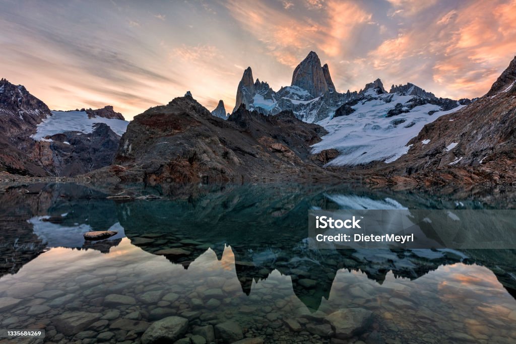 Mount Fitz Roy with Laguna Sucia, Patagonia, Argentina Argentina, Chalten, Famous Place, Lake, Mt Fitzroy Patagonia - Argentina Stock Photo