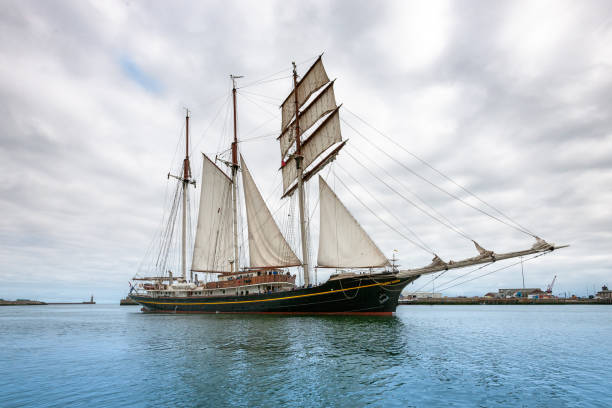 Dutch Gaff Schooner GULDEN LEEUW in Sunderland Harbor Sunderland, UK - July 14, 2018:Gaff Schooner GULDEN LEEUW, built in 1937, before the start of the Tall Ship Race to Esbjerg, Denmark. gaff sails stock pictures, royalty-free photos & images
