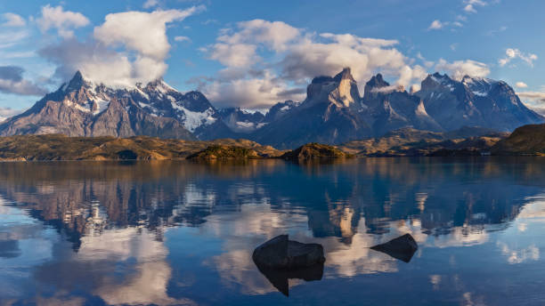 Pehoe Lake and Cuernos Peaks in the Morning, Torres del Paine National Park, Chile Torres del Paine National Park, Chile, Patagonia - Chile, Natural Parkland, Cuernos del Paine andes mountains chile stock pictures, royalty-free photos & images