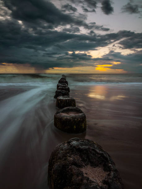 Wooden posts on a beach of Baltic Sea at sunset