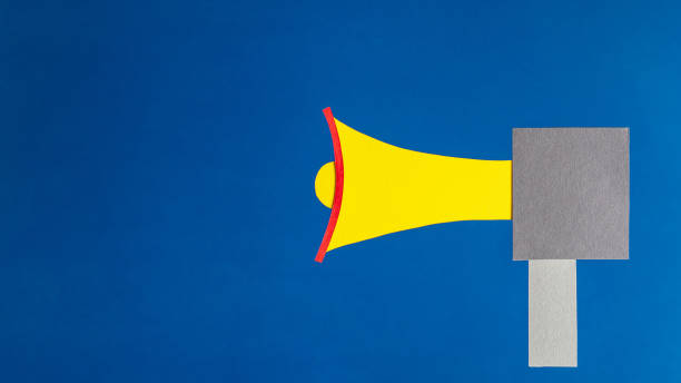 istock Megaphone on blue background, flat lay. Marketing and advertising concept 1335686884