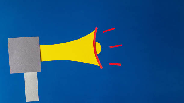 istock Megaphone on blue background, flat lay. Marketing and advertising concept 1335686890