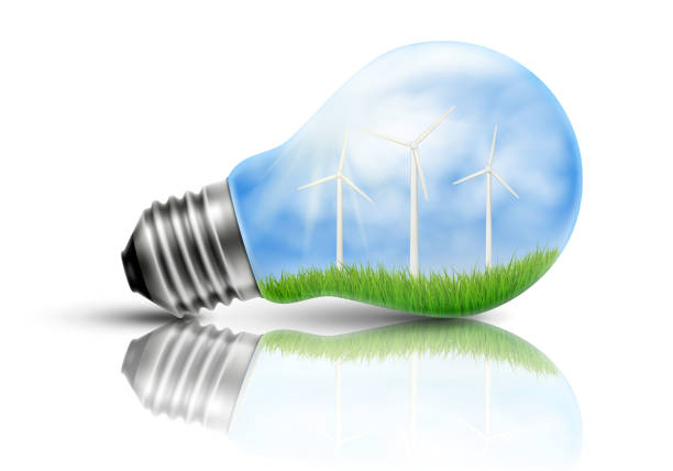 istock Light bulb with a wind turbines in side, ecology concept, Concept of green energy. Vector 3D realistic illustration. 1335686914