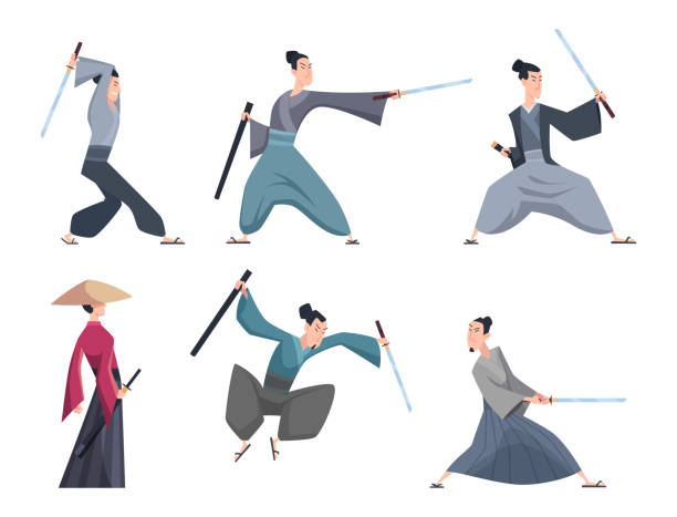 Samurai. Male asian warriors with sword various action poses exact vector cartoon characters isolated Samurai. Male asian warriors with sword various action poses exact vector cartoon characters isolated. Illustration asian japan warrior with katana cartoon of the famous chinese warriors stock illustrations