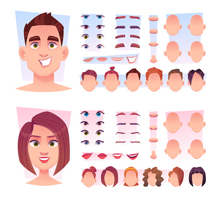 Male face constructor. Man face parts avatar creation kit lips nose eyes head various emotions vector illustrations in cartoon style. Face part emotion, kit of head, hair and nose, lips and mouth