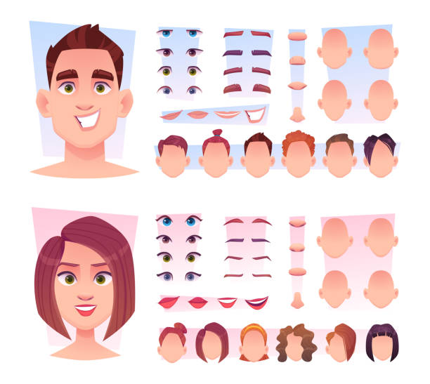 Male face constructor. Man face parts avatar creation kit lips nose eyes head various emotions exact vector illustrations in cartoon style Male face constructor. Man face parts avatar creation kit lips nose eyes head various emotions vector illustrations in cartoon style. Face part emotion, kit of head, hair and nose, lips and mouth cartoon human face eye stock illustrations