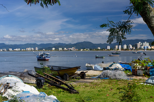 Fishing boats in Caraguatatuba bay on the southeast coast of Brazil