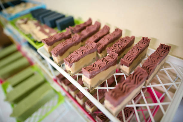 istock Groups of handmade soap curing on tray 1335689146