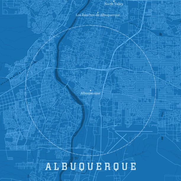 illustrazioni stock, clip art, cartoni animati e icone di tendenza di albuquerque nm city vector road map blue text - rio grande illustrations