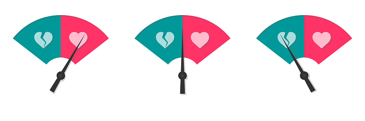 Isolated vector illustration art of hate and love meter. A heart in red , a broken heart in blue and a pointer.