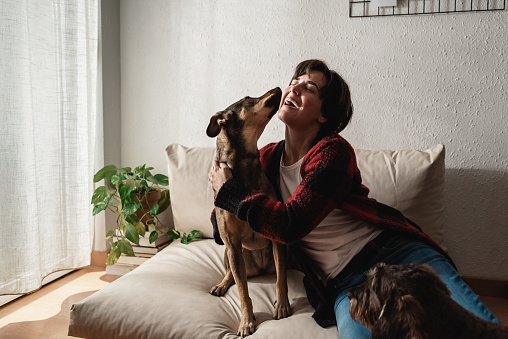 Happy young woman having tender moment with her dogs at home - Focus on face