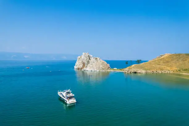 Aerial drone point of view. Summer. Lake Baikal. Olkhon Island. Rocks in the Siberia. Cape Burkhan (Shamanka).