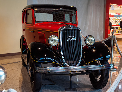 MOSCOW, RUSSIA - MAY 26, 2021: Antique Ford car at the exhibition of retro cars at Domodedovo airport