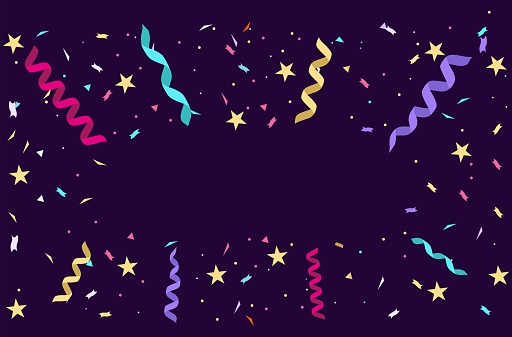 Colorful confetti on violet background. Cartoon flat style ribbons, stars and and dots. Festive confetti background for banners, greeting cards, invitation, party etc. Vector illustration